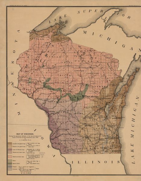 This map shows the the locations of different kinds of clay and shales throughout the state of Wisconsin. Includes a colored legend of types of clay and shales and locations of brick and tile factories. Included are portions of Iowa, Minnesota, Michigan, and Illinois. Included are county boundaries, cities, lakes, rivers, Lake Michigan and Lake Superior are labeled.