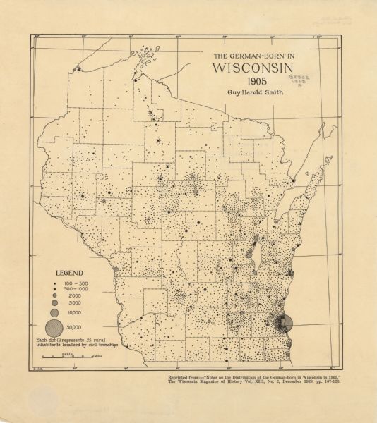 This map shows the German-born population in the state of Wisconsin. County boundaries are visible. In the lower left margin it includes a legend showing the break down of population totals being described in various circle shapes. Original caption reads, "Each dot (.) represents 25 rural inhabitants localized by civil townships."