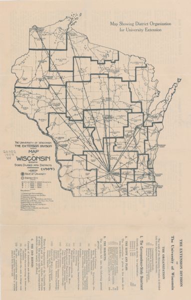 This map shows counties, extension districts, district cities, other cities, and railroads. The back of the map describes the Extension Divisions of the University of Wisconsin.