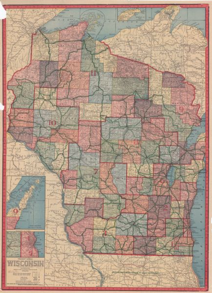 This map shows automobile roads, cities, county boundaries, rivers, lakes, railroads, electric lines, and congressional districts. Included are portions of Minnesota, Iowa, Illinois, and upper Michigan. Includes inserted maps of "Door County," "Milwaukee and vicinity," and "Keweenaw Co., Mich." On the back of the map it includes an alphabetical index of counties and cities on the map, with location and population. Lake Michigan is labeled on the far left, with Lake Superior at the top.