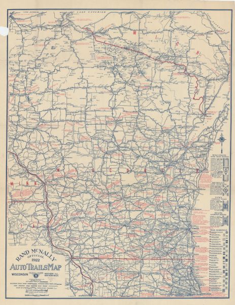This map shows roads, highways, lakes, rivers, county boundaries, and cities. Selected businesses are highlighted in red. Includes an explanation of state highway signs and trail markings in the right hand margin. Covers Wisconsin and portions of Michigan's Upper Peninsula, northern Illinois, northeastern Iowa, and southwestern Minnesota. Lake Michigan is on the far right, and Lake Superior is at the top. 