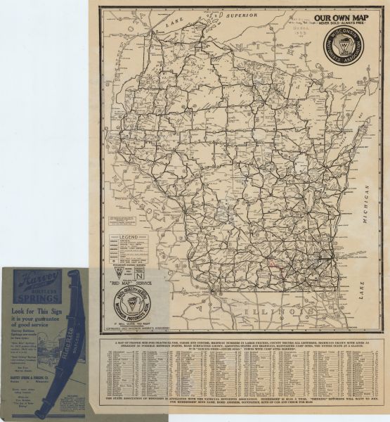 This map shows road surfacing, cities, rivers, towns, roads, highways, and camp sites. Included are portions of Minnesota, Iowa, Illinois, and Michigan. Lake Michigan is on the far right, with Lake Superior at the top. Includes a legend in the lower left corner and an index in the bottom margin. Original caption reads: "Map drawn by our own artist from information furnished by courtesy of Wisconsin Highway Commission, A.R. Hirst, state highway eng'r. Never sold always free."