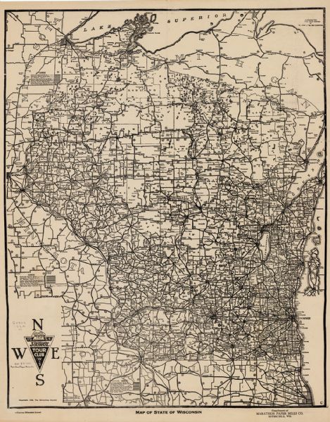 This map shows roads, cities, rivers,lakes, road surfacings and camp sites. Included are portions of Minnesota, Iowa, Illinois, and Michigan. Includes a legends on the left and bottom side. Lake Superior is seen at the top.