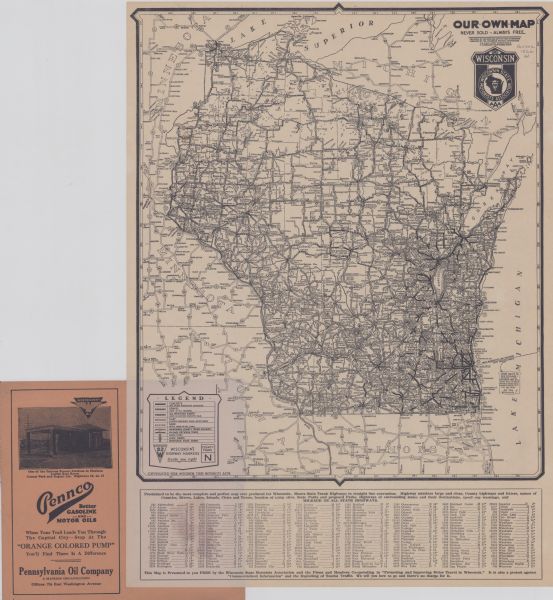 This map shows road surfacings, camp sites, state parks, proposed state parks, rivers, lakes, towns, and county boundaries. Includes a legend of road surfaces in the lower left hand corner. Includes an index in the bottom margin. Includes portions of Minnesota, Iowa, Illinois, and the Upper Michigan Peninsula. Lake Michigan is at the far right, with Lake Superior is at the top.   
