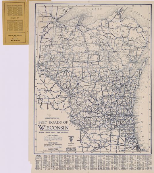 This map shows paved roads, highways, road distances, cities, lakes, rivers, and county boundaries. Included are portions of Minnesota, Iowa, and Michigan. Lake Michigan is on the far right side, with Lake Superior at the top. Includes a road legend, and an index to cities and their respective populations.