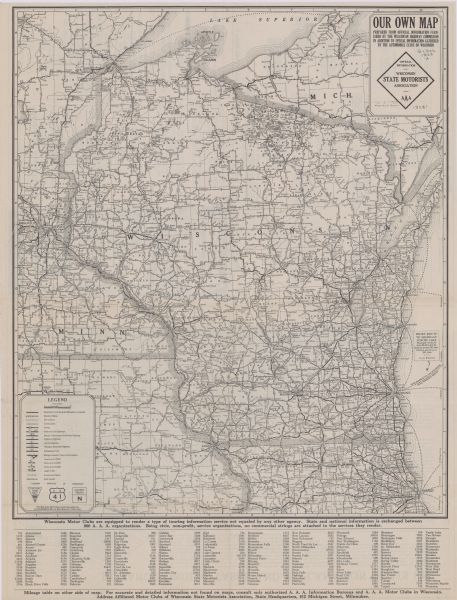 This map shows county boundaries, cities, rivers, lakes, roads and points of interest. Included are portions of Minnesota, Iowa, Illinois, and Michigan. Lake Superior is at the top of the map. Includes an index to locations in the bottom margin of the map. The back of the map includes a mileage table and advertisements.