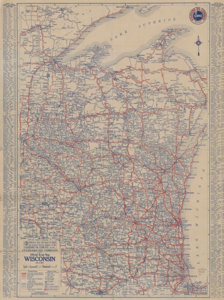 This map shows roads, cities, lakes, rivers, points of interest and county boundaries. Through routes are outlined in red. Includes an index to cities and towns with their populations along the sides of the map. The back of the map includes an ancillary highway map of the region, annotated list of historic and scenic points of interest in Wisconsin, and text. Included are portions of Minnesota, Illinois, Iowa, Indiana, and Michigan. Lake Michigan is on the far right, with Lake Superior is at the top.