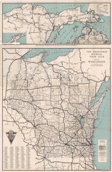 This map shows U.S., state, county highways, cities, county boundaries, lakes, rivers, and points of interest. At the top of the map it shows the Upper Michigan Peninsula and  how it connections with Wisconsin highways. Portions of Michigan, Minnesota, and Illinois are visible. Lake Michigan is seen on the far left, with Lake Superior seen at the top of the map. The back of the map includes a topographical map of the northern Wisconsin lakes region  a map of the Door County Peninsula, Devil's Lake, Dells region Waukesha County highlighting state, federal and county highways. A mileage chart is also included.