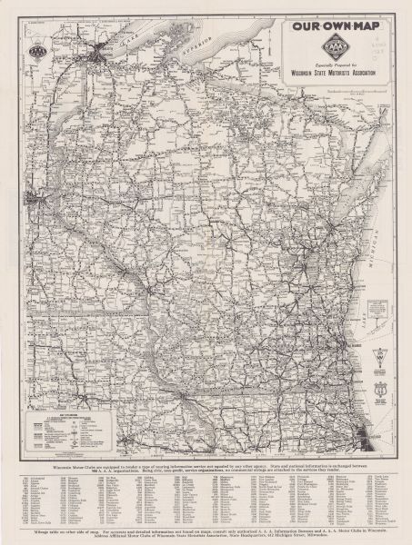 This map shows roadways, cities, rivers, and lakes. Included are portions of Minnesota, Iowa, and Illinois. Lake Michigan is on the far left side, with Lake Superior at the top. Includes an index to city locations in the bottom margin. The back of the map includes a mileage table and advertisements.