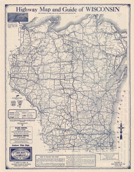This map shows types of roadways, cities, lakes, rivers, county boundaries and points of interest. Included are portions of Minnesota, Iowa, Illinois, and Michigan. Lake Michigan is on the far left, with Lake Superior at the top. The back of map includes an authorized guide and map stations in  Wisconsin and advertisements. 