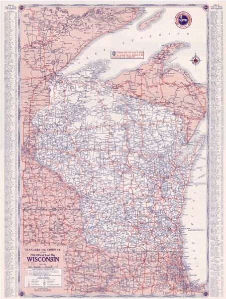 This map shows county boundaries, roads, cities, highways, points of interest, and the locations of Standard Oil Company Service Stations. Included are portions of Minnesota, Iowa, Illinois, and the Upper Michigan Peninsula. Lake Michigan is on the far left, with Lake Superior at the top. Includes an index to cities and towns with their total populations in the margins. The back of the map includes an ancillary highway map of region and text.