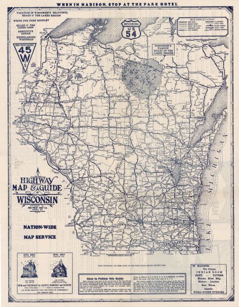 This map shows county boundaries, roads, highways, cities, rivers, lakes, and points of interest. Caption reads: "Compliments of Hotel Warren, Baraboo, Wisconsin." Lake Michigan is on the far left side, while Lake Superior is at the top. Included are portions of Minnesota, Iowa, Illinois and Upper Michigan Peninsula. The back of the map includes advertisements and a "M W M guide and map stations of Wisconsin."
