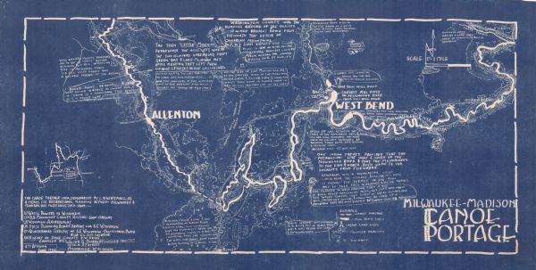 This map shows a canoe route between Madison and Milwaukee. Includes text and an inset map of the route from Milwaukee to Madison. Shows the area around West Bend and Allenton, and the portage between the Milwaukee River and the Rock River.