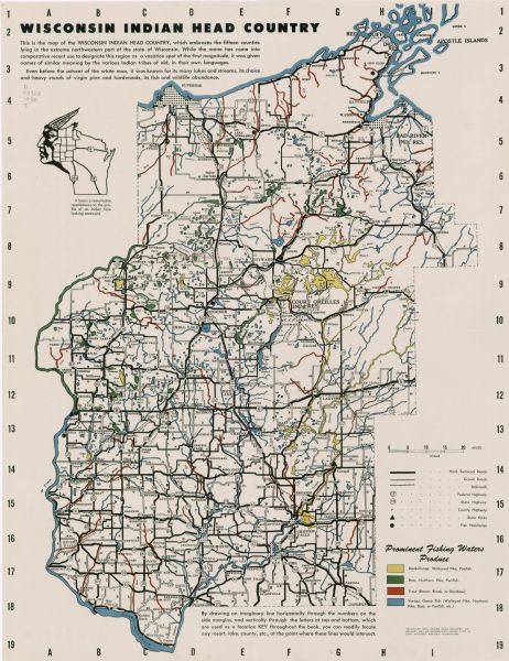 This map covers the fifteen counties lying in the northwestern part of the state of Wisconsin. Shows roads, railroads, state parks, cities, county boundaries, fish hatcheries, and prominent fishing waters by type. Includes a key in the lower right hand corner.
