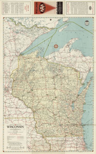 This map features a road map with a legend and scale. The bigger cities and towns are highlighted in green. The back of the map includes an index, advertisements, and insets of Chicago, Minneapolis, St. Paul and vicinity. 