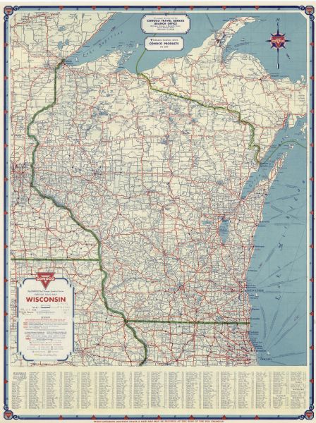 A road map of Wisconsin sponsored by Conoco.  The front side includes and index, scale, and legend. The reverse side includes United States road map, and insets of Milwaukee, Madison, Duluth and Superior. 
