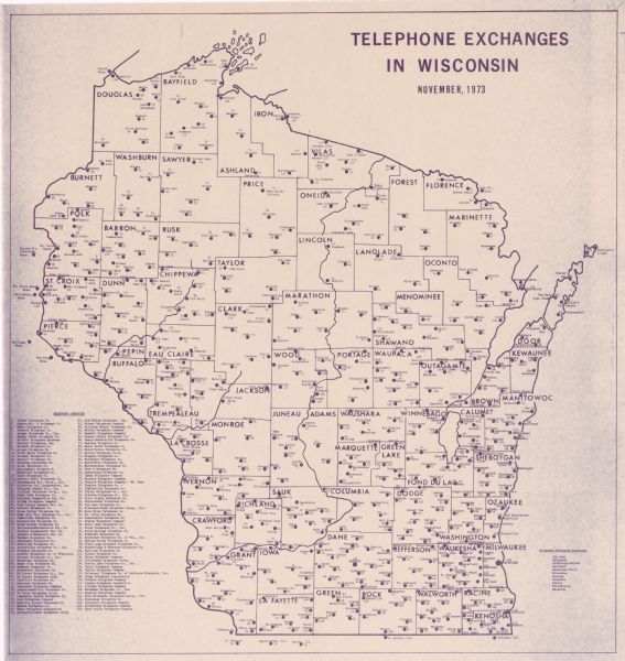 This map shows the cities, county boundaries and telephone exchange locations. The map includes a numbered list of telephone companies.