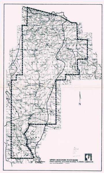 This map shows Wisconsin River Watershed, adjacent watersheds, and railroads in parts of Vilas, Oneida, Forest, Lincoln, Langlade, Marathon, Wood, Portage, Juneau, and Adams counties.
