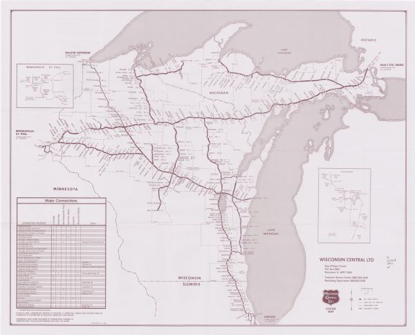 This map shows Wisconsin Central Ltd. main track, lines out of service, abandoned lines, and trackage rights. The map covers Wisconsin and Michigan's upper peninsula, with extensions into to Minneapolis, Minnesota and Chicago, Illinois. Inserted maps shows the Minneapolis St. Paul lines and Chicago lines. Includes table of major connections. Lake Michigan is on the far left, with Lake Superior at the top . 