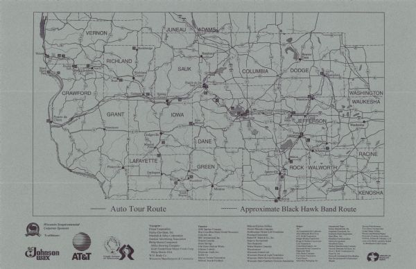 This map shows an auto tour route with historical markers and the approximate Black Hawk Band route in southern Wisconsin. County boundaries, roads and cities are also labeled. The back of the map gives a detailed list of historical markers indicated on the front and a brief history of the Black Hawk War. 