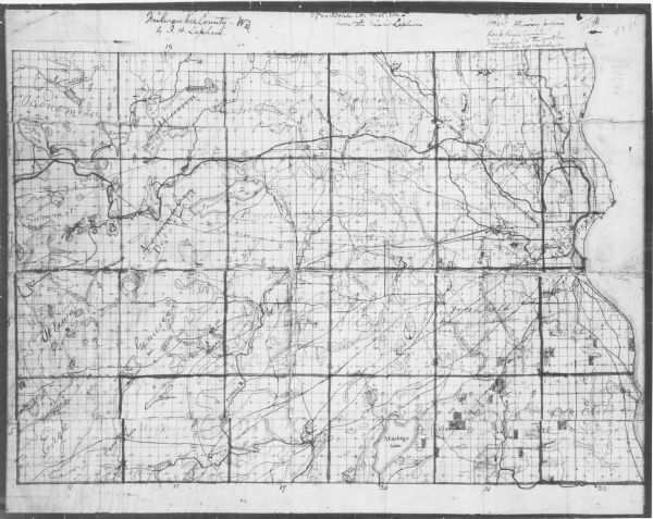 This map shows the proposed Rock River Canal, between Milwaukee County thru the west line of what is now Waukesha County. Also shows townships, roads, hydrography, and sold land. 