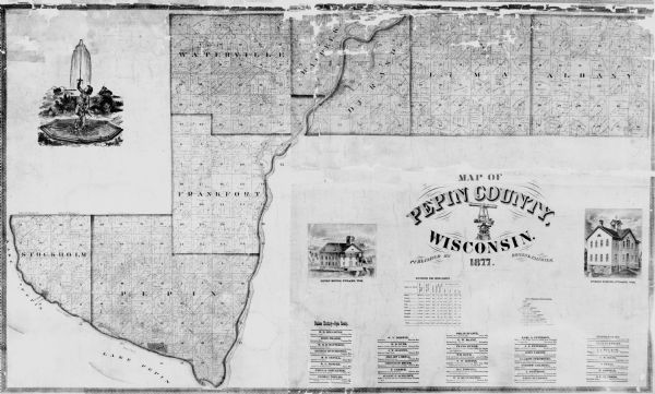 This map shows the town boundaries, Lake Pepin, and landownership in the county. The map includes a business directory, statistics and distances tables, and illustrations of the Fountain Court house and public school in Durand, Wisconsin.
