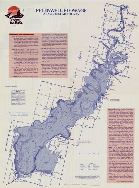 This map shows a descriptive index to 33 shaded fishing areas in Adams and Juneau counties. The back of the map includes supplementary information relating to location, access, related services, special features, lake characteristics, fisheries, lake management, and fishing tips. Includes illustration of location of the area within the state of Wisconsin.   