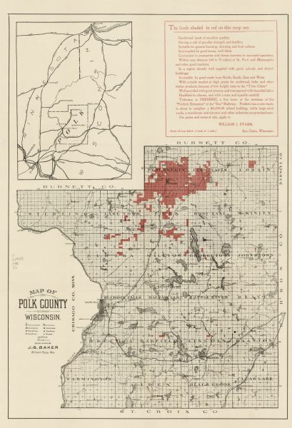 This map shows townships, land parcels, schools, rivers, lakes, creameries, churches, cemeteries, roads, post offices, town halls, saw mills, roads and stores. Hardwood lands that are for sale by William J. Star are highlighted in red. Includes inset location map. Burnett, Chisago (Minnesota), Barron, and St. Croix counties are labeled. 