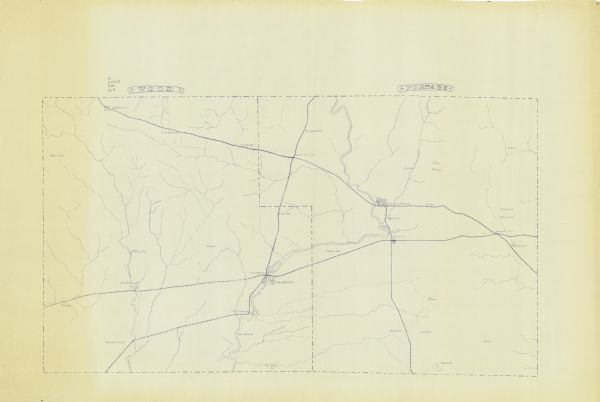 This blue line print map shows the railroad lines. Cities are also labeled.  