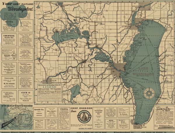 This map shows roads, parks, golf courses, airports, beaches, docks and harbors, lighthouses, and buoys within Winnebago County and parts of Waushara, Calumet, and Fond du Lac Counties. The depths of the various lakes are shown by soundings and isolines. The map includes advertisements and a location map in the left bottom corner. The back of the map includes an indexed directory and illustrations.