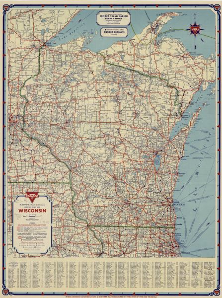 This map is presented by Conoco, and shows the major roads, cities, lakes, and rivers, as well as some of the neighboring states. It includes an index, scale, and a mileage and population guide on the front. The reverse side includes the title page, a generic road map of the continental United States, a small add for the Conoco Travel Bureau ("maintained by the continental oil company), and three small road maps of Madison, Milwaukee, Superior and Duluth.