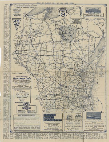 This blue lined map ("compliments of Black Eagle Oil Company") shows the major roads and cities of Wisconsin. The map includes an index, hotel and cafe advertisements, as well as advertisements for the Wisconsin & Michigan Steamship Co., the Kewaunee County Fair, and "Wisconsin's Famous Heart of the Lakes Region." The reverse side has a few more advertisements for hotels and resorts, and a list of "M W M Guide and Map Stations of Wisconsin."