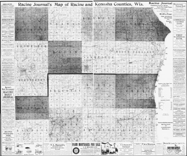 This map shows landownership, buildings, roads, railroads, townships, cemeteries, and schools. The map also includes population tables, created from the 1900 census, and business advertisements in margins.