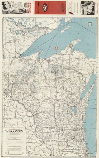 This map shows the major roads, cities, towns, lakes, and rivers of Wisconsin and some of the neighboring states. The front includes an add for Coca-Cola, and an add from the Minnesota Tourist Bureau. The reverse side includes an index, a list of recommended hotels and points of interests, advertisements, and insets of Chicago, Minneapolis and St. Paul, and Milwaukee. 