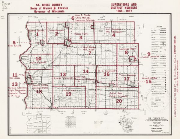 This map includes a red overprint on base map and shows the supervisors and district numbers of St. Croix County. Includes diagrams of civil towns,  township numbers and location map of it place within the state of Wisconsin.  Includes labels for types of roadways, railroads, state boundaries, county boundaries, corporate limits, forests, airports, fish hatcheries, fair grounds, county seat, unincorporated villages, schools, public hunting or fishing grounds, hospitals, lookout towers, ranger stations, public camp and picnic grounds, state parks, county parks, city parks, wayside, and game farms. The back of the map includes a directory of supervisors.