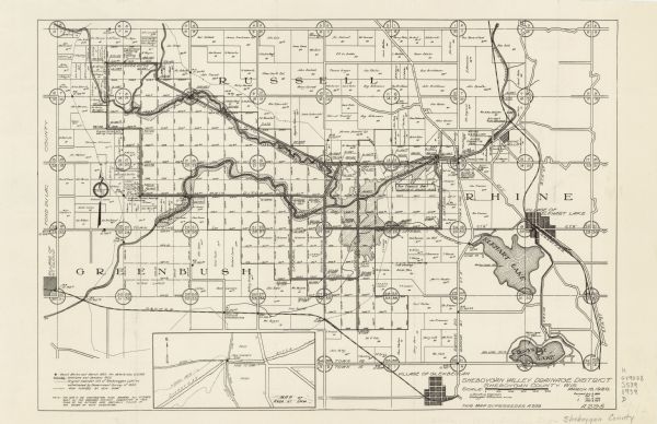 This map originally dated March 18, 1920 and revised for this edition. The map shows the original meander line of 'Shebowegan Lake' established by 1850 survey, area flooded by new dam, and ditches. The map also shows some landownership and covers the Town of Russell and parts of the Towns of Rhine and Greenbush. An inset maps shows area at dam. 