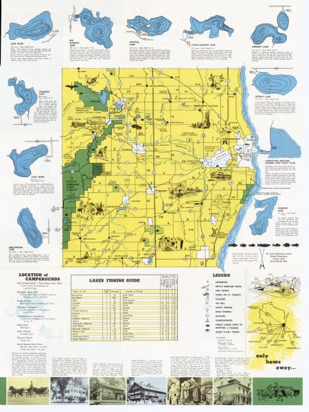 This map includes illustrations, a location map, text, lakes fishing guide, beaches, harbor and yacht clubs, and bathymetric maps of 10 lakes: Beechwood Lake, Lake Seven, Crooked Lake, Lake Ellen, Big Elkhart Lake, Crystal Lake, Little Elkhart Lake, Gerber's Lake, Jetzer's Lake. The back of the map includes text, illustrations, and ancillary color maps of 4 recreation areas.