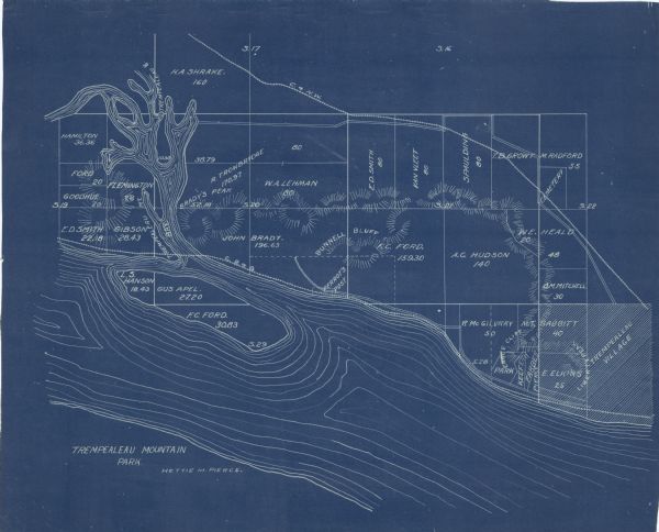 This blue print map shows landownership between 1913 and 1916, topography, railroads, and roads. The map covers the vicinity of Perrot State Park.