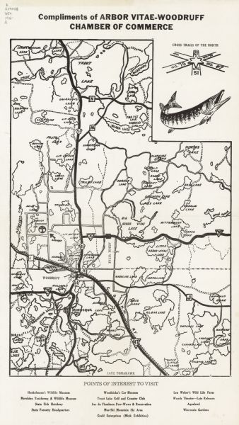 This map covers the vicinity of Arbor Vitae, Woodruff, and Minocqua: east to Mishonagon Creek, west to Gilmore Lake, north to Lower Gresham Lake, and south to Bolger Lake. The map also shows highways, roads, railroads, and an airport. The map includes 2 illustrations and list of "points of interest to visit."