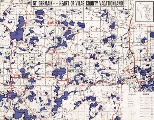 This map shows nature trails, public attractions, public hunting and fishing grounds, dams, waysides, lakes, highways, and roads. The upper right corner includes a location map and the lower right corner includes a legend. The back of the map features advertisements and illustrations. 