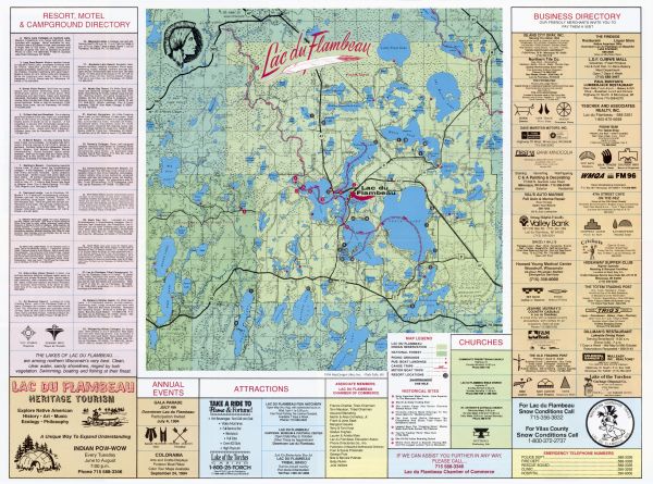 This map shows historical sites, picnic grounds, public boat landings, canoe and motor boat trips, and resort locations. The left margin of the map includes a resort, motel, and campground directory. The right margin of the map includes a business directory with Indian symbols. The bottom margin of the map includes a list of associate members of the Chamber of Commerce. The back of the map includes text about the area, a location map, and 10 color illustrations of tourist attractions.