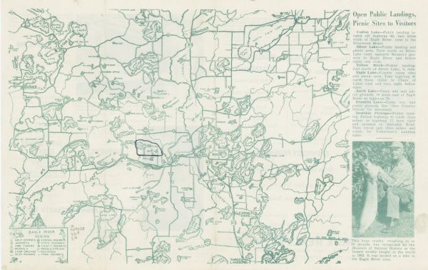 This map shows roads, golf courses, airports, fire towers, schools, camp grounds, rivers, streams, lakes, and railroads. The right margin of the map includes text on "Open public landings, picnic sites to visitors," and an illustration of a man holding a fish. The back of the map includes additional text about the area  and illustrations.