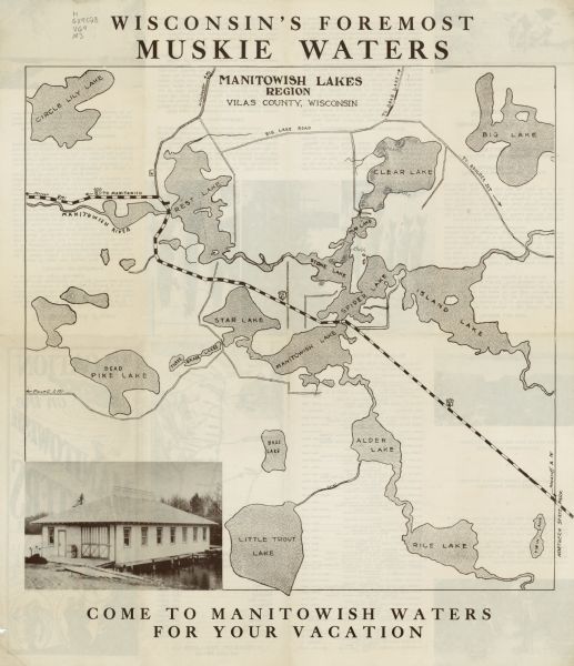 This map shows roads and lakes and includes an inset illustration of Manitowish Waters Fish Hatchery. The back of the map includes a resorts directory, text about the area, 8 illustrations, and a location map.