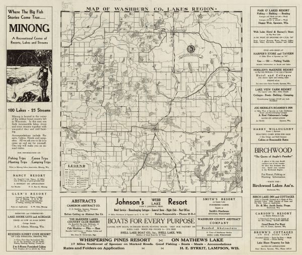 This map shows roads, trails, taverns, schools, golf, gas stations, campsites, resorts, and towers. The lower left of the map includes a legend. The map covers the vicinity of Spooner, Minong, Shell Lake, Birchwood, and Big Sand Lake. The margins and back of the map feature advertisements for local businesses.