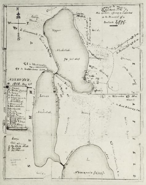 This map shows the area as it appeared in 1848 and includes buildings, land use, and roads with distances to nearby locations. The upper right corner reads: "to Miss Maria F., this humble offering is inscribed as the Memorial of a Brother's LOVE." The lower left margin includes a list of attractions. 