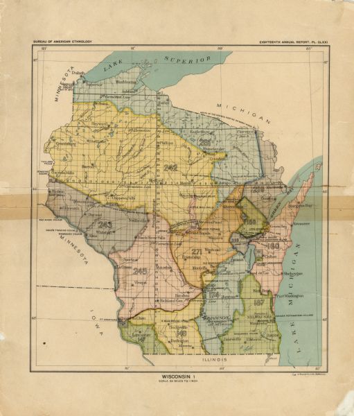 This map shows color coded and numbered regions of Indian land cessions. Lake Superior and Lake Michigan are labeled and other lakes and rivers are shown. Many communities are labeled in the sections.  Portions or Iowa, Illinois, Michigan, and Minnesota are visible but do not include information on land cessions. 



