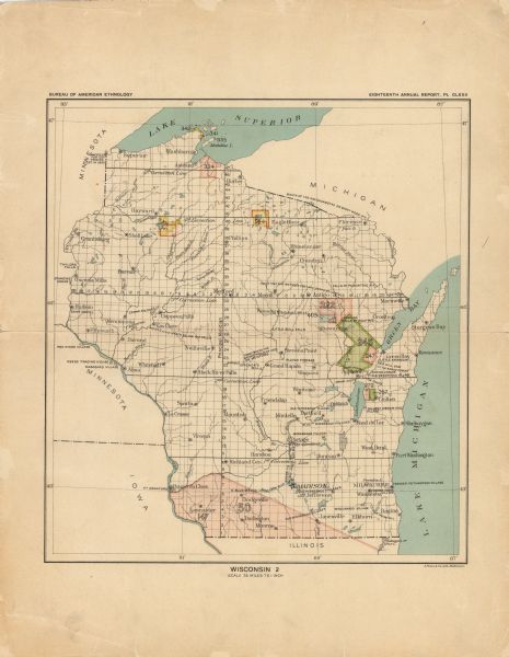 This map shows color coded and numbered regions of Indian land cessions. Lake Superior and Lake Michigan are labeled and other lakes and rivers are shown. Many communities are labeled in the sections. Included are portions of Iowa, Illinois, Michigan, and Minnesota, but do not include information on land cessions.