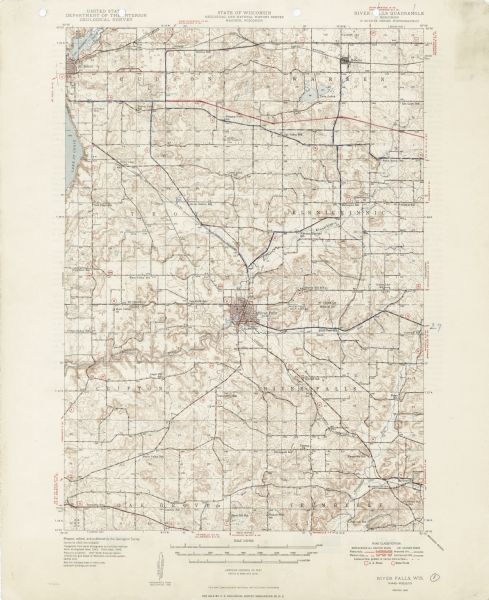 This set of 32 maps and an index show the (then) proposed route of the Wisconsin Turnpike. The index shows the entire route of the turnpike, and the major cities it runs through, as well as assign a number to each of the maps. The maps themselves show the turnpike in read, other major roads, cities, lakes and rivers, and topography through contours and spot heights. Some of the maps have a block of text on the reverse side labeled "The Topographic Maps of the United States" written by the director of the United States Geological Survey which describes the maps and includes an index of standard symbols used within them.