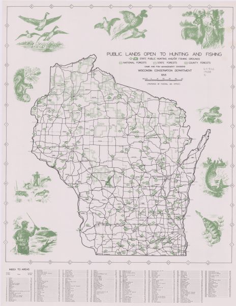 This map shows state public hunting and/or fishing grounds, national forests, state forests, county forests.The lower margin includes an index to these locations. Includes illustrations of wildlife in the margins. The back of the map contains text and index to public lands, arranged by counties.