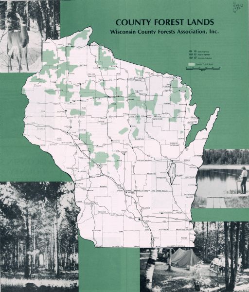 This map shows county forests, state, federal, and interstate highways. County forests lands are shown in light green. The front of the map includes images of a forest, a deer, fishing, and camping. The back of the map includes text and tables and images.